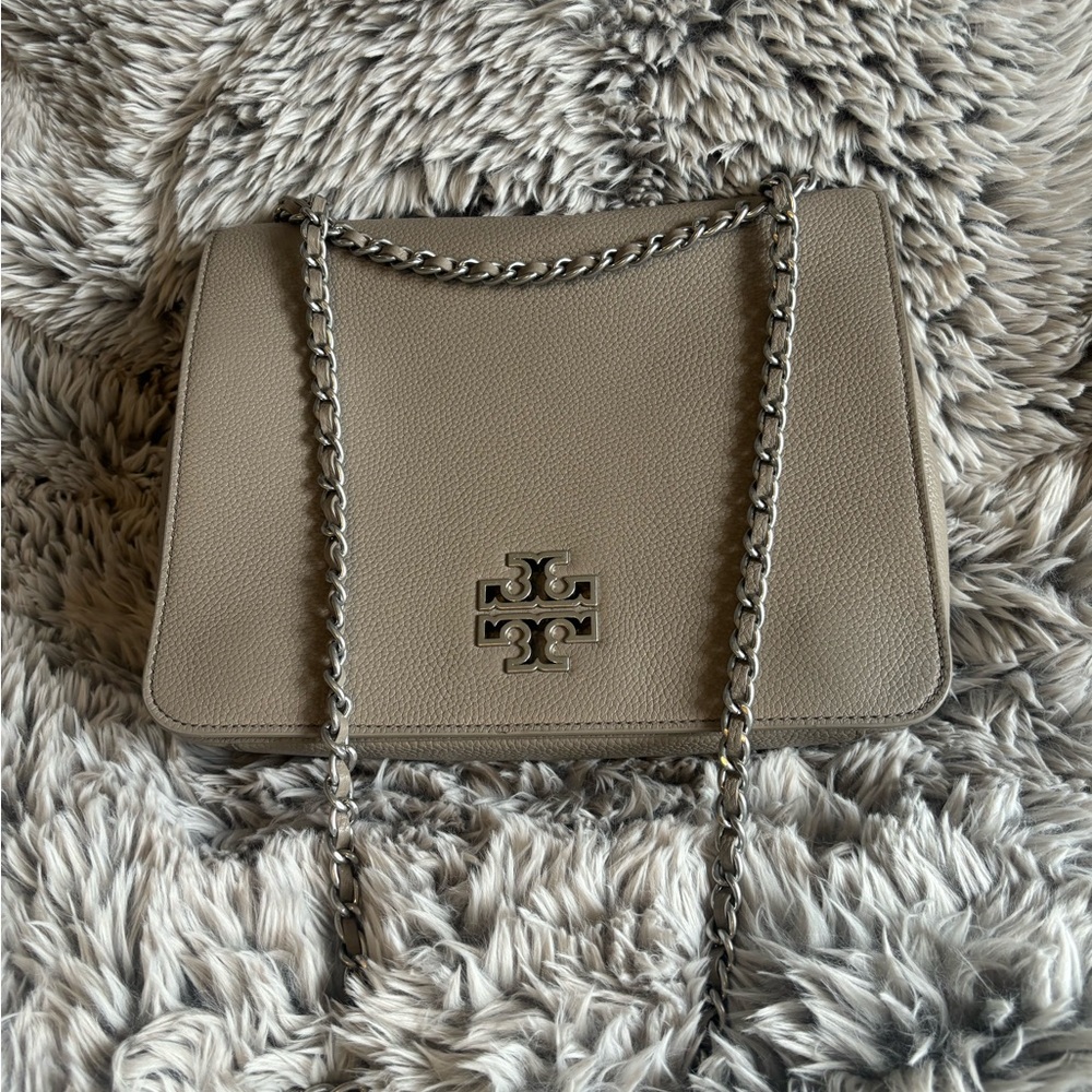 Tory Burch Britten convertible pebbled leather bag in grey heron